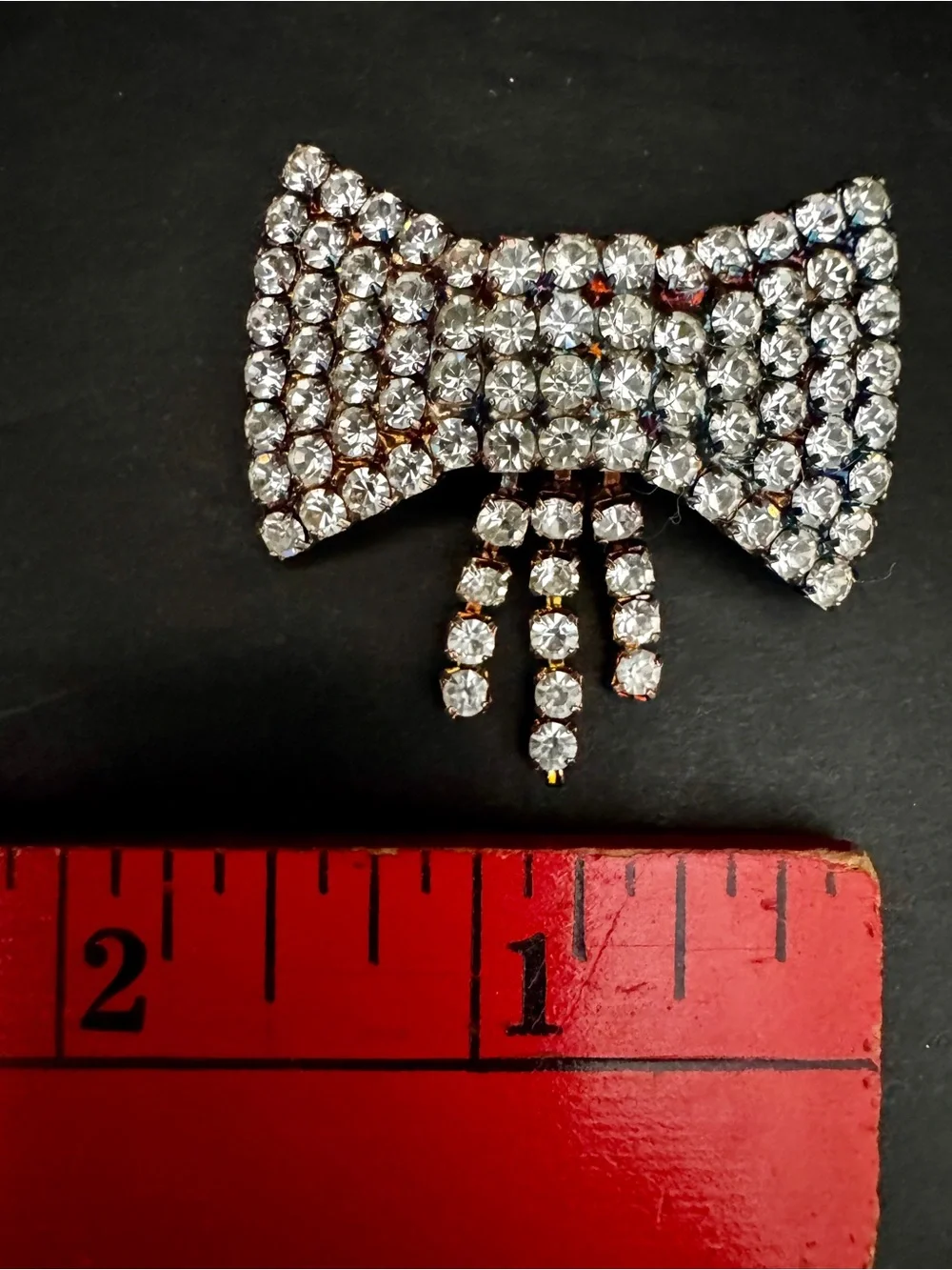 VTG Rhinestone Bow Tie Brooch Pave Crystal Dangle Tassel Fringe Pin